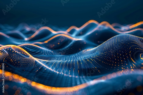 Abstract Digital Landscape with Glowing Particles and Dynamic Waves in Futuristic Technology Style