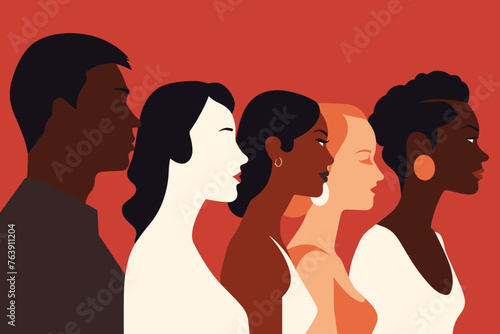 Silhouette profile group of men and women of diverse culture. Diversity multi-ethnic and multiracial people. Concept of racial equality and anti-racism. Multicultural society. Friendship