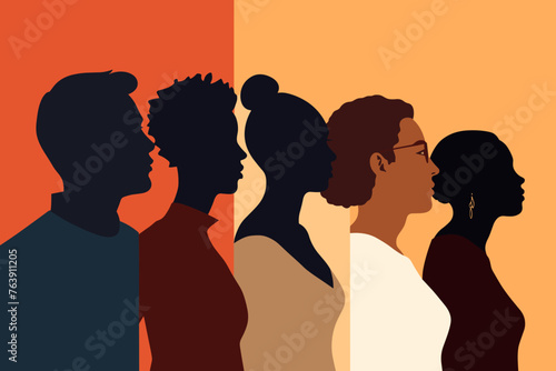 Silhouette profile group of men and women of diverse culture. Diversity multi-ethnic and multiracial people. Concept of racial equality and anti-racism. Multicultural society. Friendship