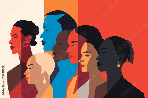 Silhouette profile group of men and women of diverse culture. Diversity multi-ethnic and multiracial people. Concept of racial equality and anti-racism. Multicultural society. Friendship