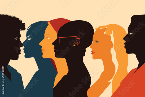 Silhouette profile group of men and women of diverse culture. Diversity multi-ethnic and multiracial people. Concept of racial equality and anti-racism. Multicultural society. Friendship