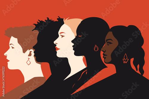 Silhouette profile group of men and women of diverse culture. Diversity multi-ethnic and multiracial people. Concept of racial equality and anti-racism. Multicultural society. Friendship