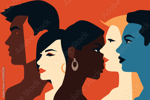 Silhouette profile group of men and women of diverse culture. Diversity multi-ethnic and multiracial people. Concept of racial equality and anti-racism. Multicultural society. Friendship