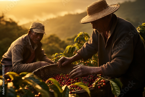 the hands of a farmer collecting coffee beans directly from the plant in a coffee plantation photo
