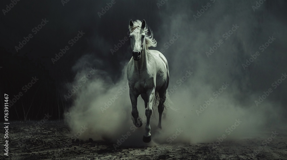 the raw power of a majestic white horse is frozen in time as it charges through a dusty path with a dark forest looming in the background the raw power of a majestic white horse is frozen in time as it charges through a dusty path with a dark forest looming in the background