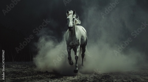 the raw power of a majestic white horse is frozen in time as it charges through a dusty path with a dark forest looming in the background