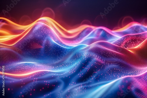Vibrant Abstract Wavy Background With Glowing Neon Lights and Particles in Blue and Pink Hues Digital Illustration
