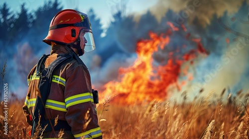  firefighter with field of fire backgroud