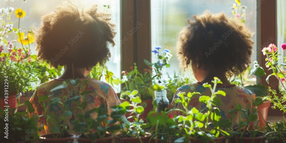 Two little Afro African Black girls looking out window at windowsill with houseplants in pots. Cute sisters playing, chatting, sitting back. Leisure time with children, agriculture, seeds Two little Afro African Black girls looking out window at windowsill with houseplants in pots. Cute sisters playing, chatting, sitting back. Leisure time with children, agriculture, seeds