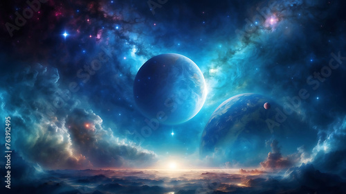 a science fiction visionary illustration of space with stars  planets and galaxy background