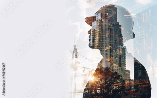 double exposure business engineer and City Skyscraper Skyline construction