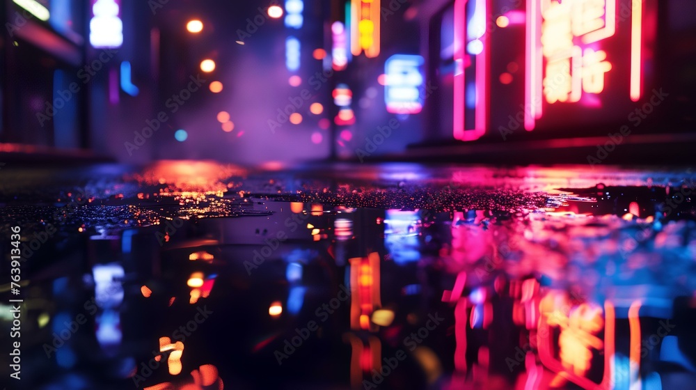 Night city lights reflected in a puddle. Abstract blurred background.