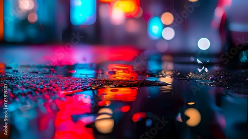 Rain drops on the floor with colorful bokeh lights background.