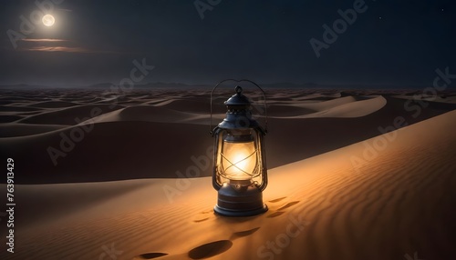 A lit lantern on a sandy desert 