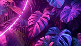 Tropical leaves monstera in neon light. 3D rendering