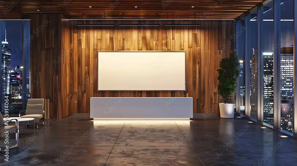 Photo modern office interior with empty white mock up banner decorative wooden wall window and panoramic night city view 3d rendering. Generative Ai Photo modern office interior with empty white mock up banner decorative wooden wall window and panoramic night city view 3d rendering. Generative Ai