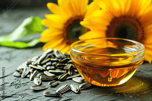 Freshly pressed sunflower oil, with sunflower in the background. AI generative