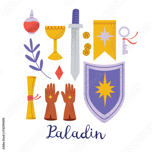 Hand drawn set with Paladin DnD character goods and loot, rpg board game vector illustration, isolated on white