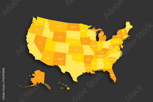United States of America political map of administrative divisions - states and federal district Washington, D.C. Yellow shade flat vector map with name labels and dropped shadow isolated on dark grey
