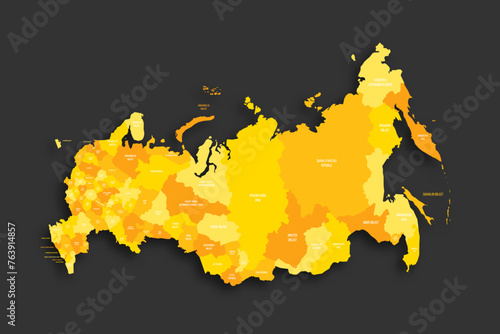 Russia political map of administrative divisions - oblasts, republics, autonomous okrugs, krais, autonomous oblast and 2 federal cities of Moscow and Saint Petersburg. Yellow shade flat vector map