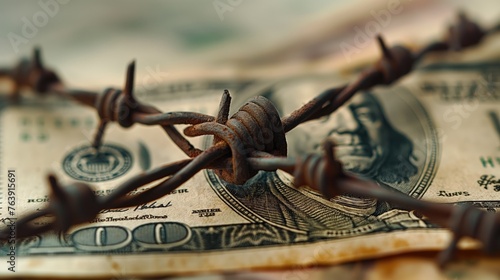 Dollar banknote with barbed wire economic crisis background. AI