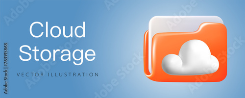 Cloud storage, Cloud folder banner in realistic 3d volumetric plastic style, isolated on background. Cloud upload or online file unloading.