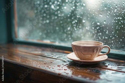 Steaming Tea Cup on Wooden Window Ledge Rain.