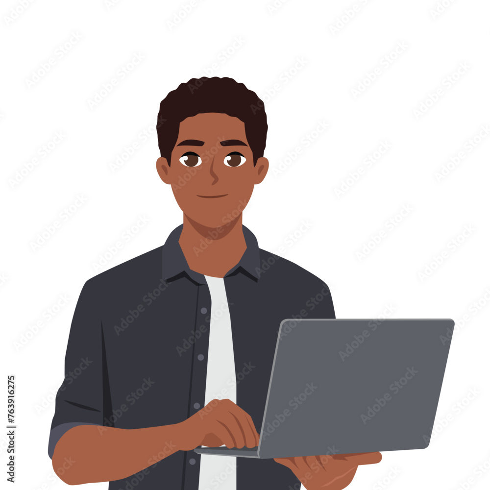 Young black business man holding a laptop computer. Flat vector illustration isolated on white background Young black business man holding a laptop computer. Flat vector illustration isolated on white background