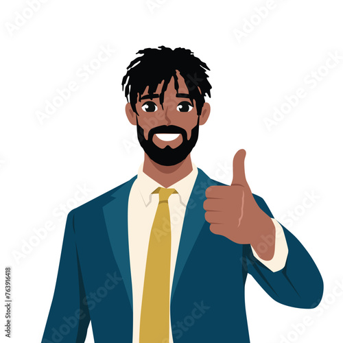 Young black business man dressed in suit formal wear showing thumb up. Flat vector illustration isolated on white background