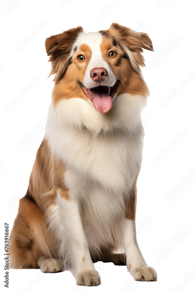 Cute sitting smiling australian shepherd facing the camera with its mouth open seen from the front on a white background Cute sitting smiling australian shepherd facing the camera with its mouth open seen from the front on a white background