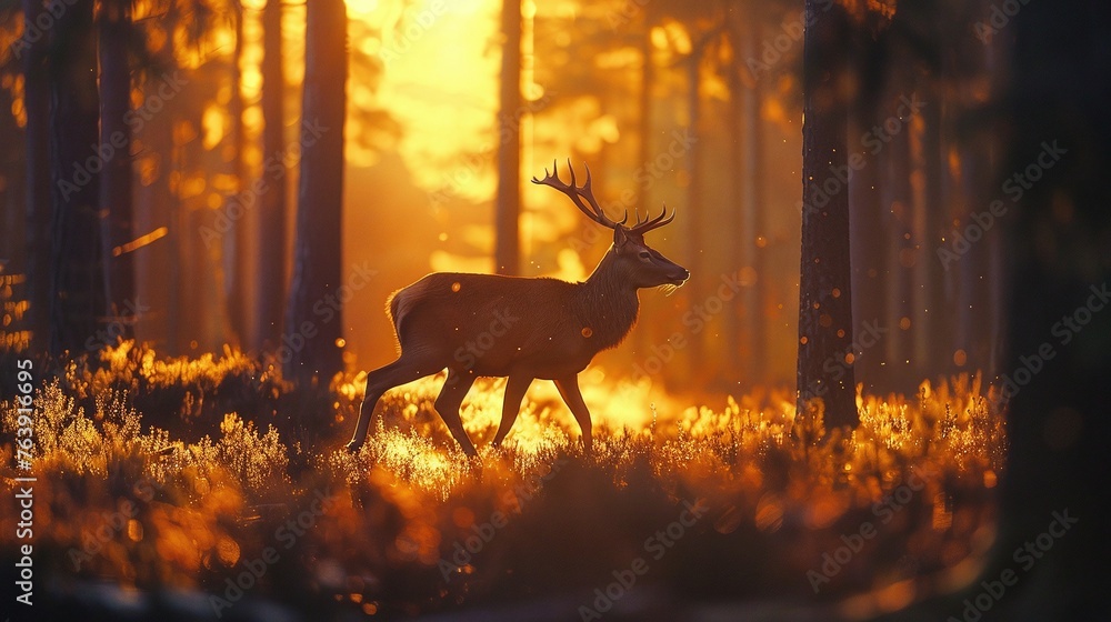 Fototapeta premium closeup of a deer walking in forest during sunset in silhouette against the fading light