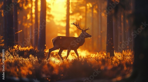 closeup of a deer walking in forest during sunset in silhouette against the fading light