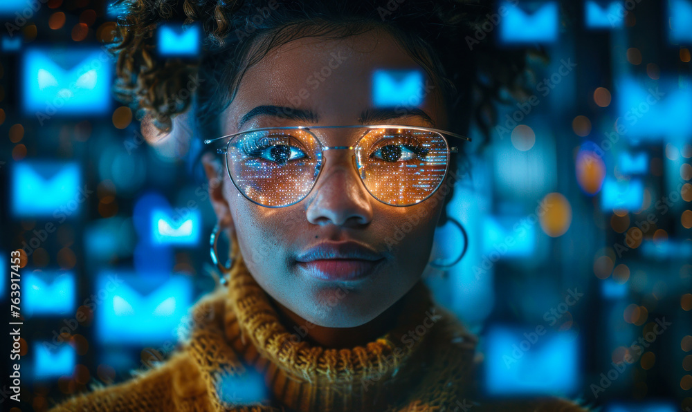 Young woman engaged in email marketing, surrounded by floating digital envelopes, symbolizing online communication in a vibrant, cybernetic space Young woman engaged in email marketing, surrounded by floating digital envelopes, symbolizing online communication in a vibrant, cybernetic space