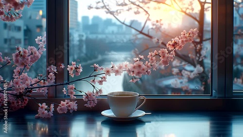  cup of coffee at the window with a spring cherry blossom cityscape of Kyoto. Seamless looping 4k time-lapse video animation background photo