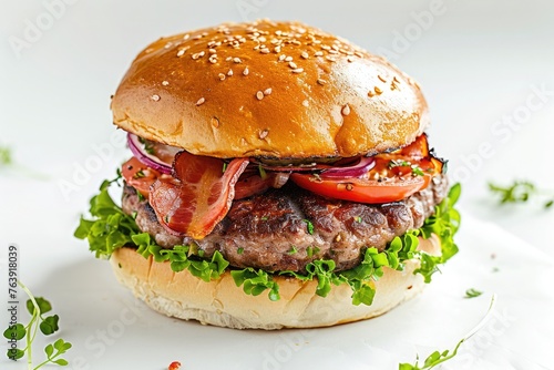 spicy beef burger with crispy bacon slices, red jalapeno, tomato slice, green lettuce leaves, yellow cheese cheddar on white background for easy cut out