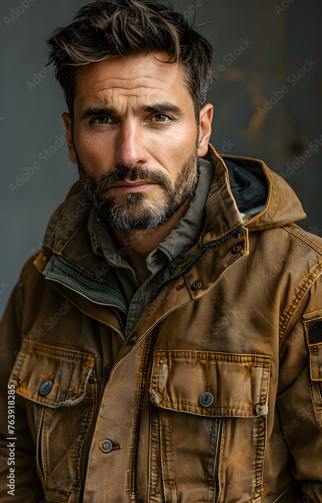 Rugged and Handsome Mature Man in Stylish Waxed Jacket with Intense Gaze