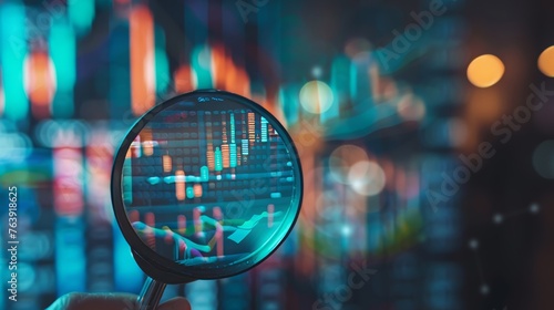magnifying glass business audit stock financial finance management on analysis data strategy with graph accounting marketing or report chart economy investment, copy and text space, 16:9