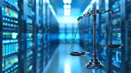 Law scales on background of data center, Digital law concept, copy and text space, 16:9