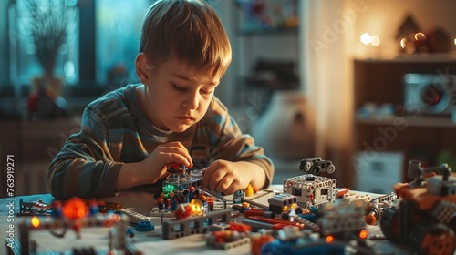 machine hobby: kid assembles automated toy robot photo