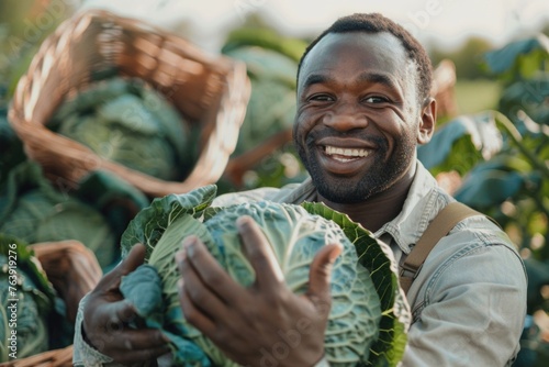 A happy black man holding cabbages in his hands with vegetables wearing khaki work and gloves in the farm with green leaves and trees behind him photo