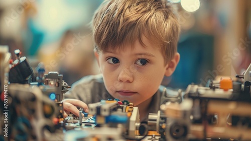 boy enjoys home machine hobby assembling toy robot