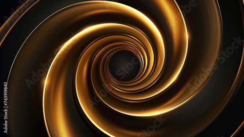 Abstract golden spiral frame with light effect on black background. Presentation design mockup template, simple design, glowing lights, dark colors. Generated by artificial intelligence.