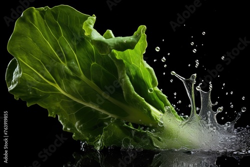 Collard greens , Throw it into the water and spread it out , vegetable , black background.