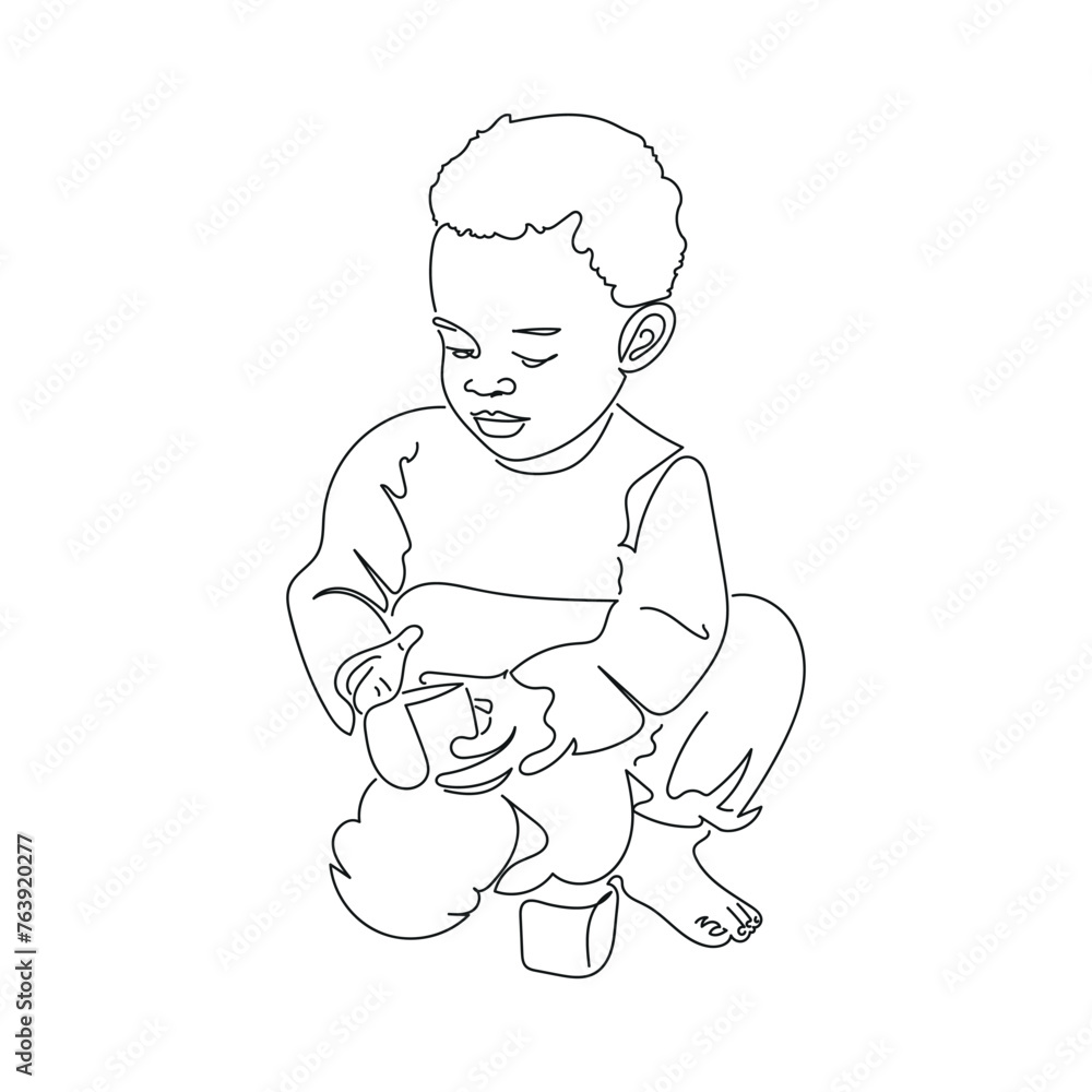 Kid playing line art vector.Baby playing one line art Kid playing line art vector.Baby playing one line art