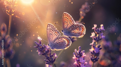 Two lilac butterflies on lavender flowers in rays of summer sunlight in the spring.