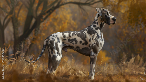 Great Dane's coat in a hyperrealistic image. Emphasize the richness of its markings, shiny coat, and expressions