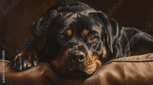 Portray the regal presence of a Rottweiler in a hyperrealistic image.