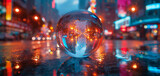 A glass ball with a reflection of a blurred night city lights in it on a reflective surface with a blurry background.