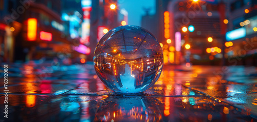 A glass ball with a reflection of a blurred night city lights in it on a reflective surface with a blurry background.