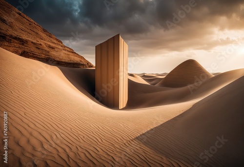 square, beige structure stands in the desert, surrounded by sand dunes and a mountain. The sun shines through the center of the structure, casting a warm light on the surrounding area